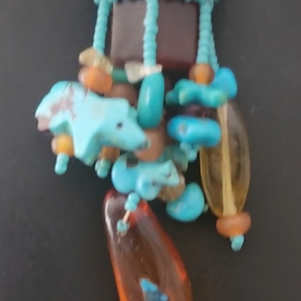 Vintage Native American Turquoise and Amber Beaded Lariat Fetish Bear Necklace